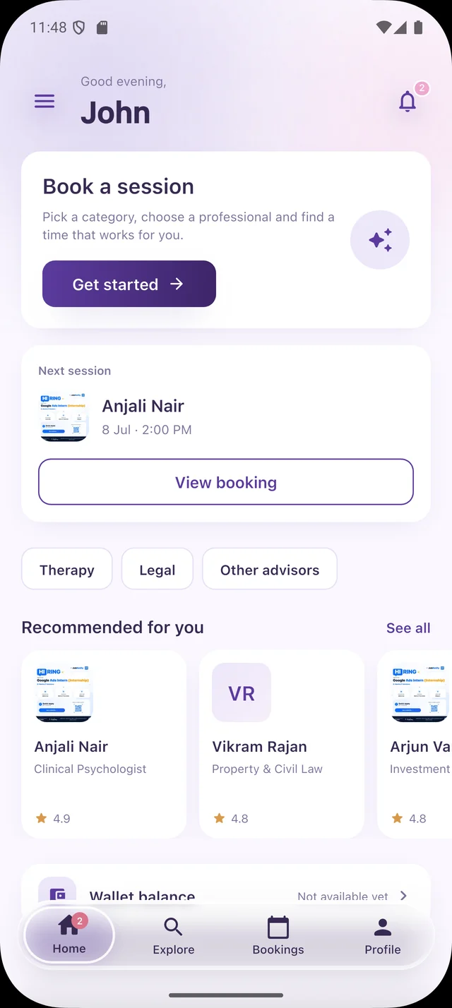 The MyTherapio app home screen, showing an upcoming session and recommended professionals.